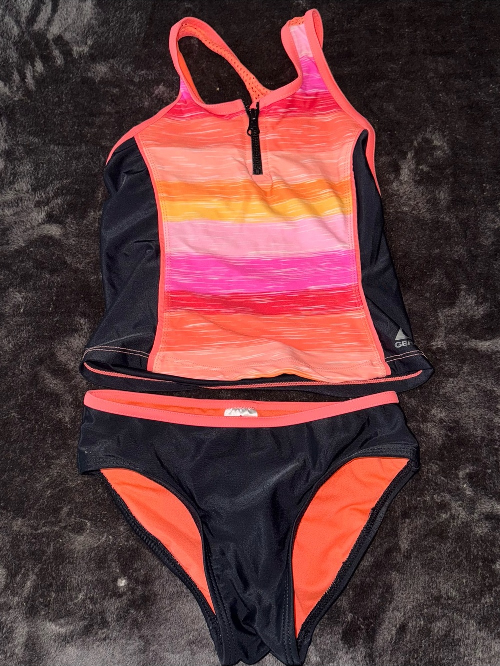 Girls Gerry Tankini Swimsuit Bikini Striped Black Pink Orange Swim Set 7/8